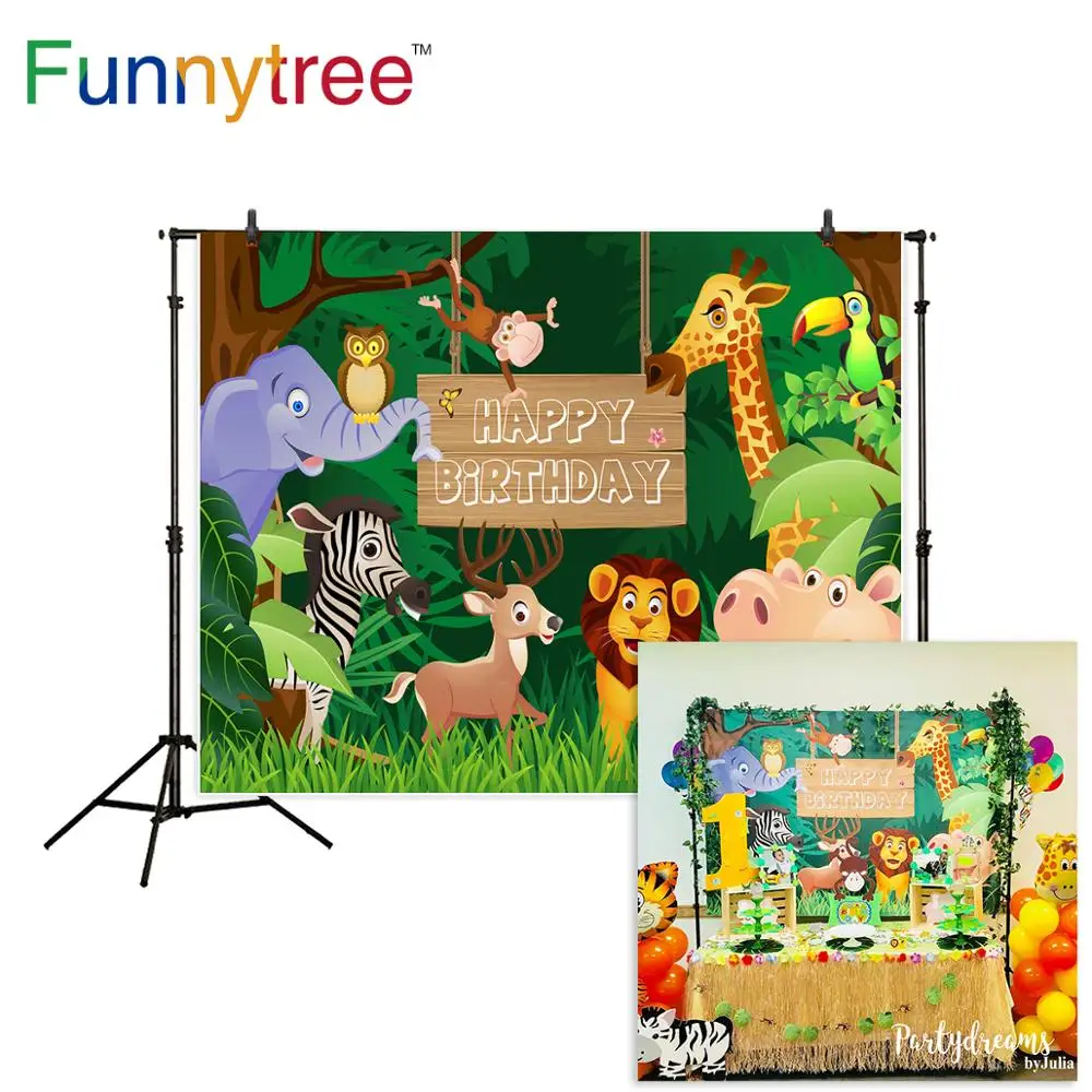 

Funnytree Safari Background Jungle Cartoon Animals Birthday Party Dessert Table Decor Children Photography Backdrop Photocall