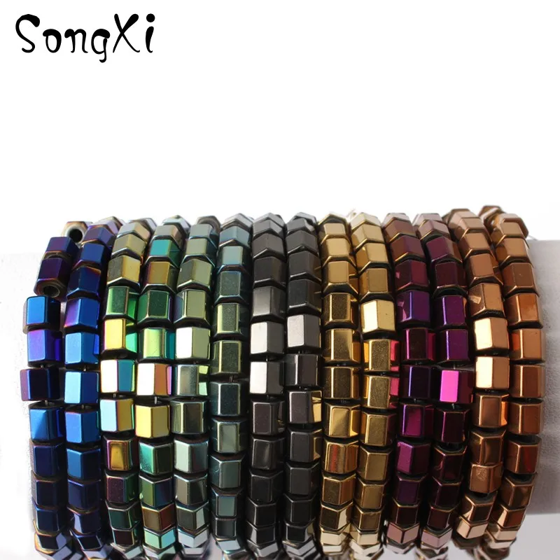 

6*5mm Plating Polyhedron Hematite Spacer For Jewelry Making Loose Stone Beads Hexagon Hematite DIY Necklace Bracelet 15''