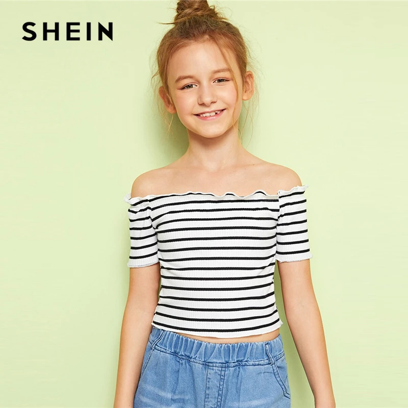 

SHEIN Kiddie Girls Striped Frilled Lettuce Trim T-Shirt Children Tops 2019 Summer Short Sleeve Rib-knit Boho Beach Kids Tees