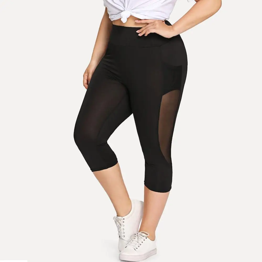 Plus Size Womens Yoga Cropped Trousers Sports Leggings Perspective