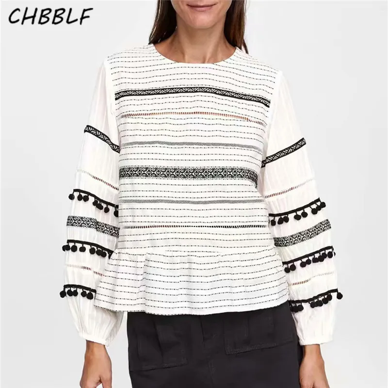 

CHBBLF women cute striped blouse fur ball patchwork long sleeve o neck shirts female white casual chic tops CDC8841