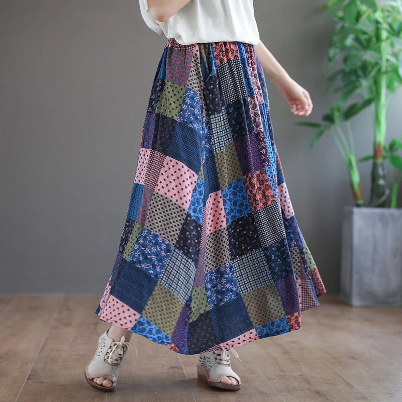 Юбка трапециевидной формы в ретро этническом стиле с цветочным принтом и эластичной резинкой на талии Женская длинная юбка
