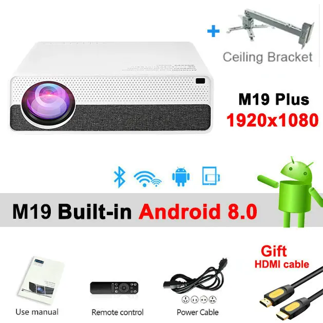 Vivicine M19 новейший проектор 1080 p, опция Android 9,0 HDMI USB PC 1920x1080 Full HD светодиодный проектор для домашнего кинотеатра - Цвет: Android8 add bracket