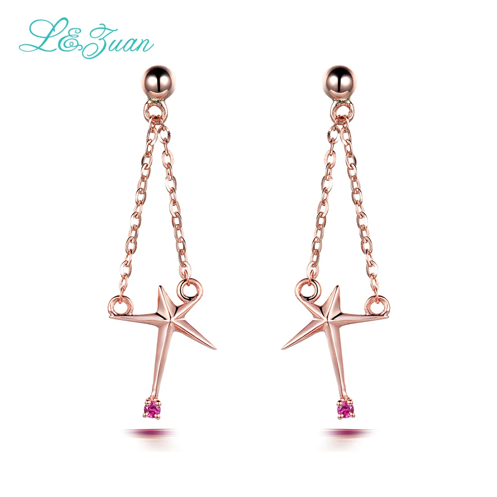 

I&zuan 14K Rose gold Women drop earrings Trendy 0.015ct Red Diamond natural Gemstones stars shape Fine jewelry Party Gift