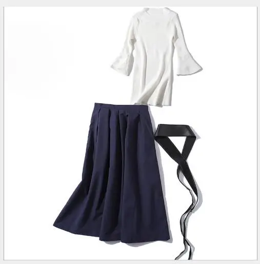À White Ceinture Dame Nouveau 2 Outwear ligne Ensemble black Solide Manches Jupe Slim A Fit Fusée Femmes Casual cou 2019 Chandail Mode O Costume Pièces Printemps FqWSUw