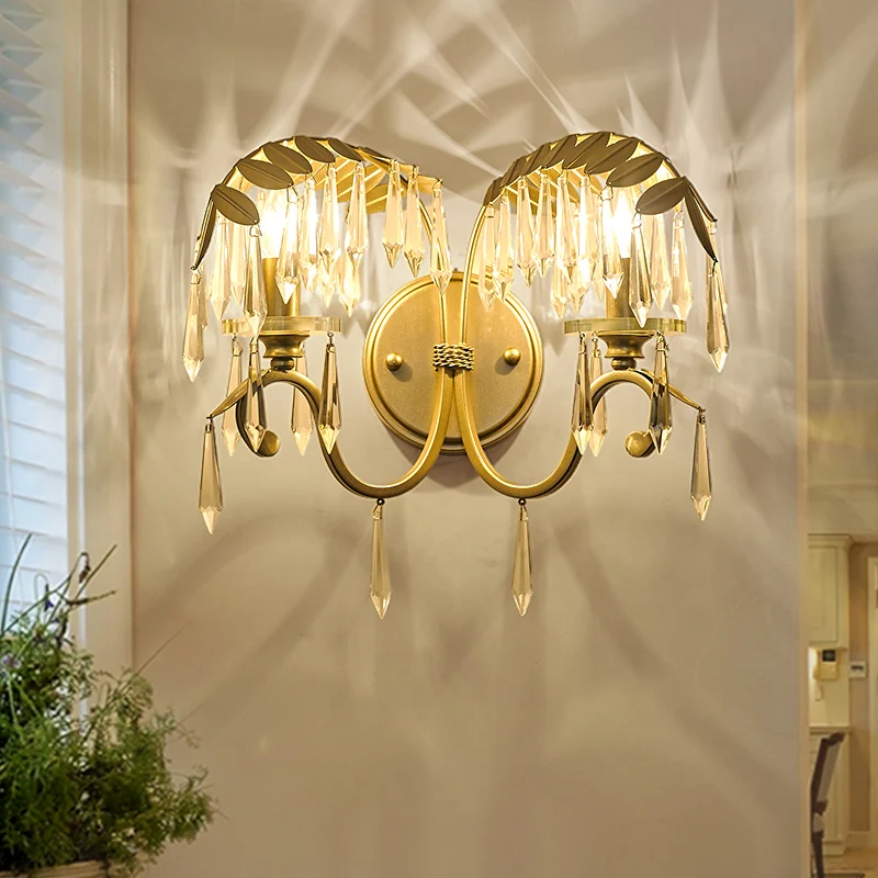 

Moder Two Sheet Gold Leaves Shape Iron Fixtures Wall Lamp K9 Crystal Pendant Light Fitting Kitchen Bedroom Living Room Wall Lamp