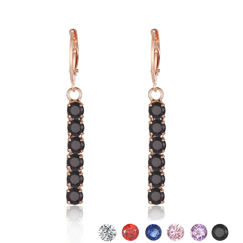 6 Color Women Girls 585 Rose Gold Color Square Long Drop Earring Stone Cubic Zircon Red/White/Purple/Black/Pink Earrings