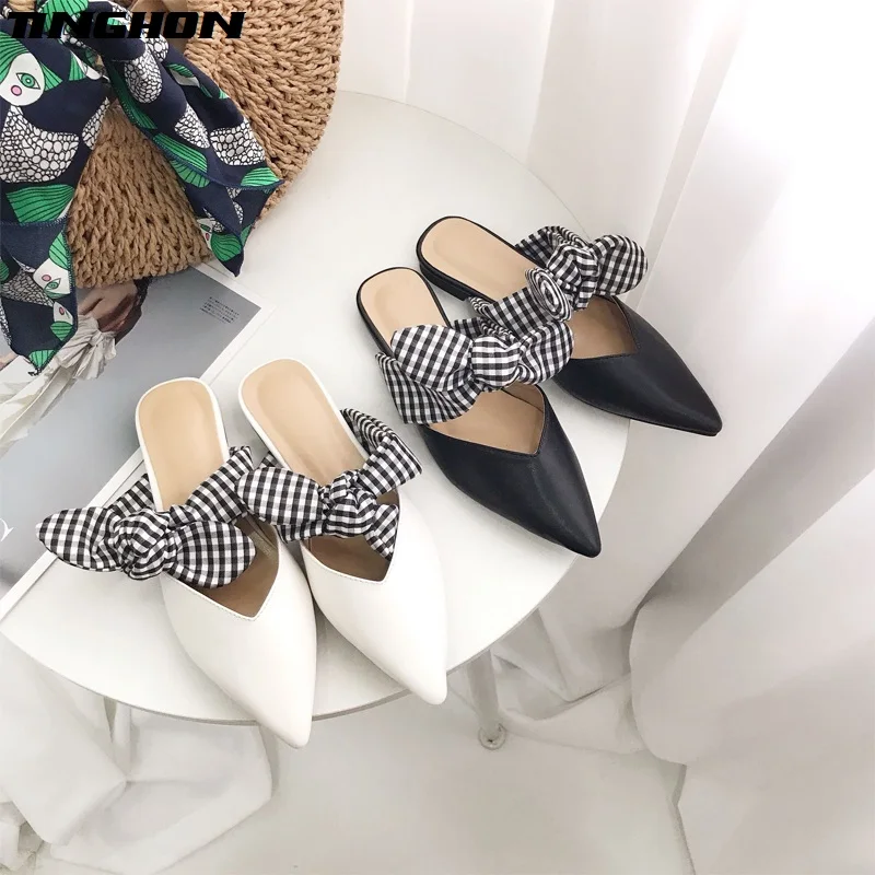 TINGHON Lattice bow Heel Women Mules Patchwork Pointed Toe Women Pumps Fashion High Heel Elegant Office Women Shoes