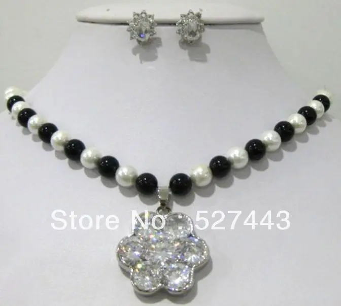 

Wholesale white pearl&black agate necklace zirconi pendant earring