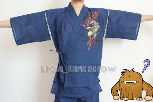 summer Men Japanese Jinbei Kimono Carp Short Sleeve Pants Sleepwear Pajama Homewear