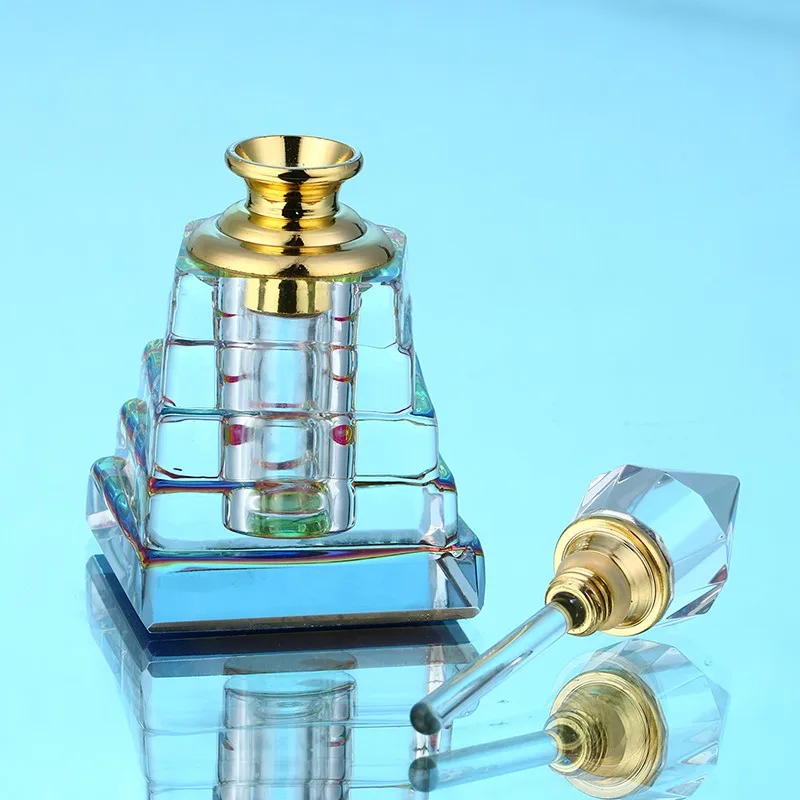 3ML Clear Vintage Pyramid Aurora Borealis K9 Crystal Refillable Woman Perfume Bottle Empty Container wgold Trim Glass Dauber   (12)