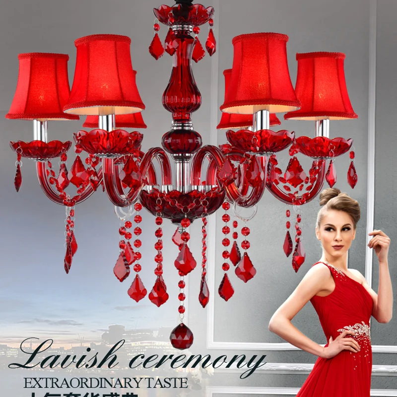 home lighting red crystal chandelier lampshade lamparas de cristal lustres de teto luminaire chandeliers for dining lights room