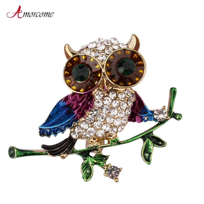 

Amorcome Stand On Branch Owl Brooches for Women Party Jewelry Colorful Enamel Crystal Animal Bird Brooch Female Accessories