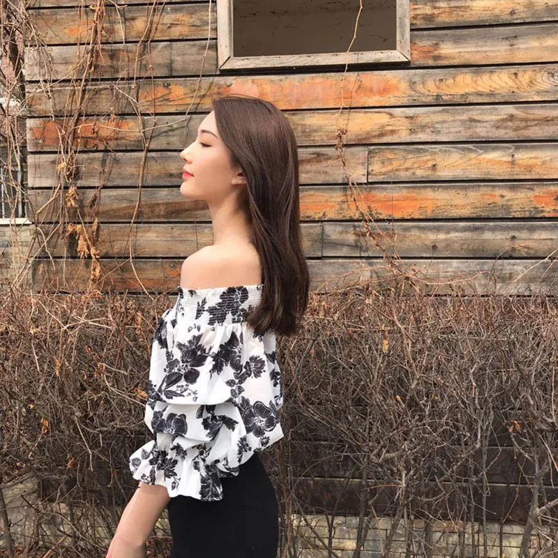 White Print Women Chiffon Blouse 2019 Slash Neck Tops Clothes Fashionable Sweet Style Clothing Slim Streetwear Casual Hot Sale