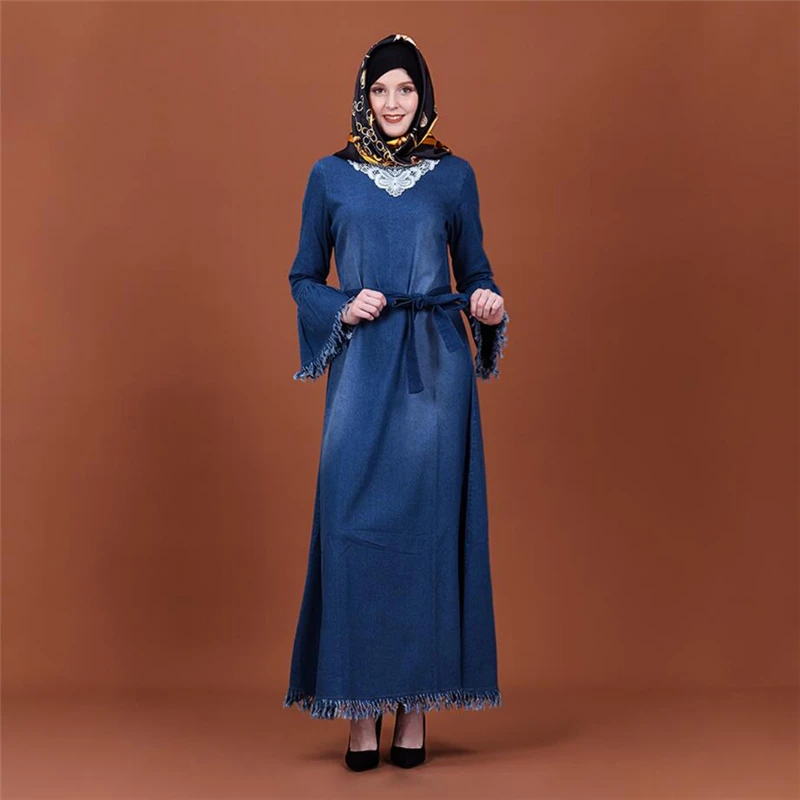 

2019 New muslim women abaya Jeans farbic saudi arabia turkey dubai kaftan dress with tassels long butterfly sleeves abaya