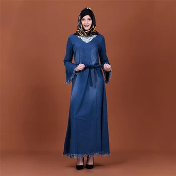 

2019 New muslim women abaya Jeans farbic saudi arabia turkey dubai kaftan dress with tassels long butterfly sleeves abaya