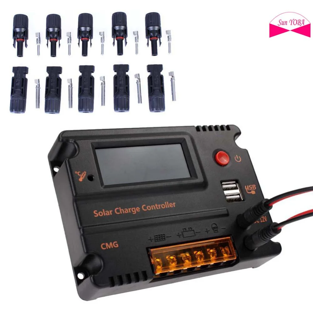 

PWM 20A Solar Charge Controller 12V 24V LCD Display Auto Solar Panel Charger Regulator + 5 Pairs MC4 Solar Cable Connectors A609