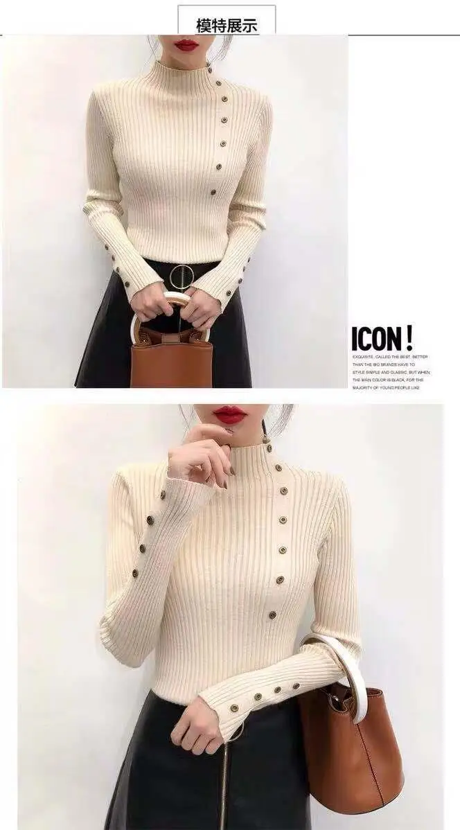 New Fashion Button Turtleneck Sweater Women Spring Autumn Solid Knitted Pullover Women Slim Soft Jumper Sweater Female Knit Tops