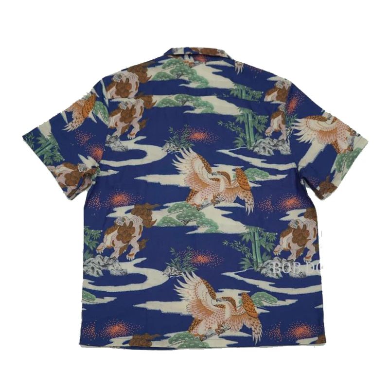 BOB DONG Chinese Style Men Hawaiian Pocket Tee Shirts Vintage Short Sleeve Blue 2