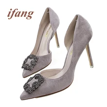 2016 Shoes Woman Sexy High Heel Female Pointed Toe Shallow Mouth Suede Rhinestone Buckle Cover Heel Side Hollow Slip On Shoes