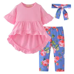 Новинка 2019 года, осенняя одежда для маленьких девочек розовый топ для новорожденных, рубашка Леггинсы с цветочным рисунком и штаны повязка