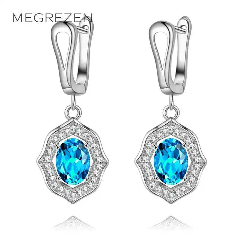 

MEGREZEN Bohemian Drop Earrings With Blue Stone For Women Silver Brinco Fashion Jewelery Statement Crystal Earrings YE006-5