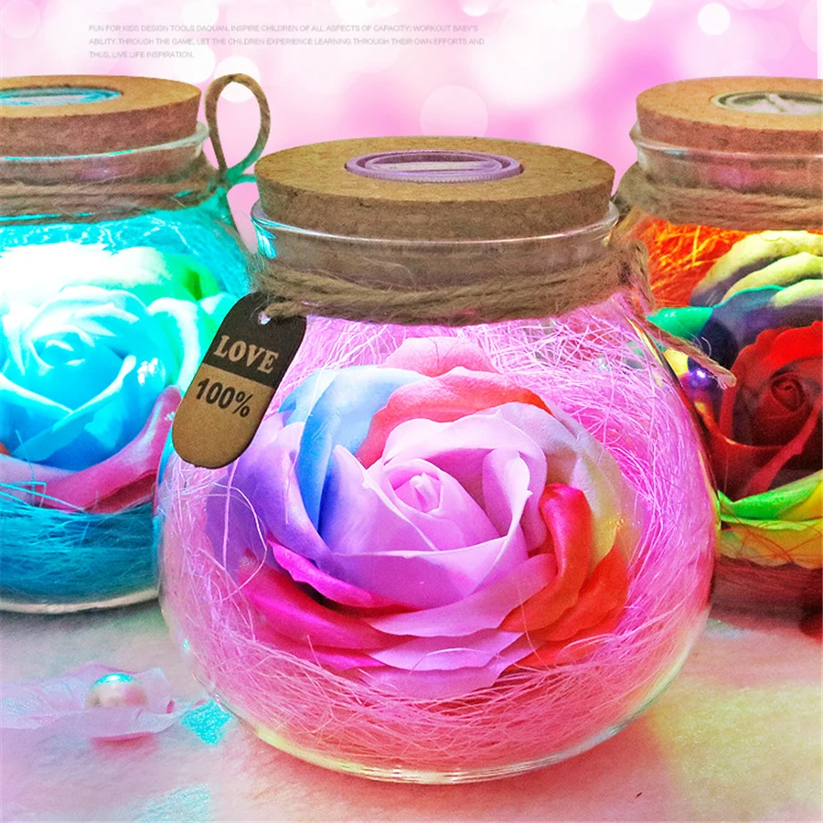 

Romantic Pink Rose LED Night Light Flower Remote Bottle Night Lamp Creative Birthday Christmas Gift For Women