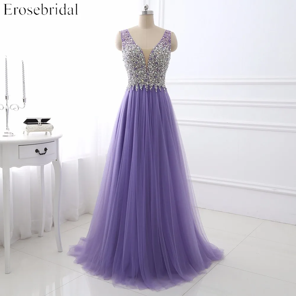 

Light Purple Evening Dress Erosebridal Fancy Beading Bodice Sexy V Neck Robe De Soiree A Line Long Formal Women Vestido De Festa