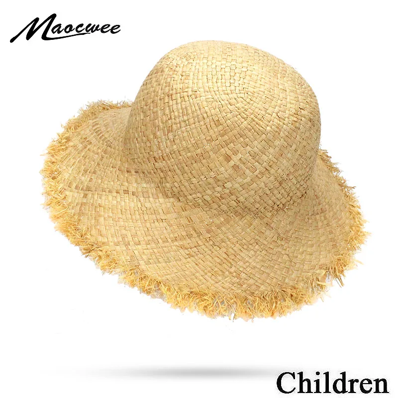 

Girl Solid Straw Hats Dome Top Big Brim Baby Boy Children Straw Ribbons Beach Hat Cap for Teenage Panama Vacation Trilby Hat