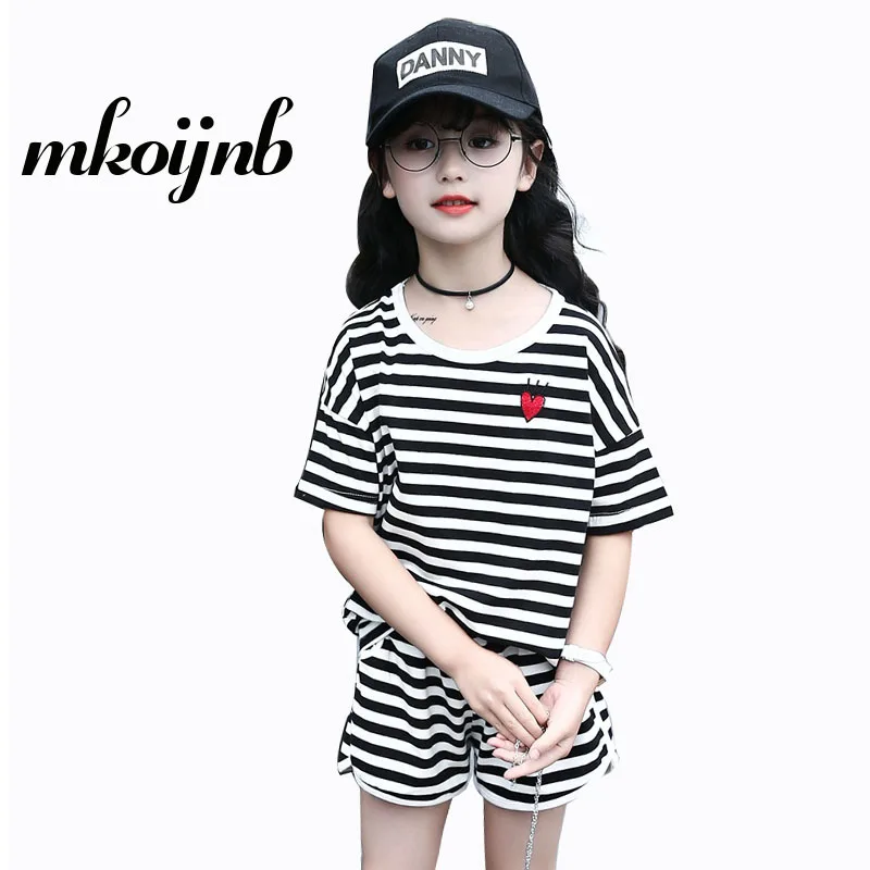 

Summer Girls Clothing Striped Set Girls Cartoon Suit 2018 Kids 2Pcs Sport Suit Tshirt+Pants Children Clothes 4 6 8 10 12 Years