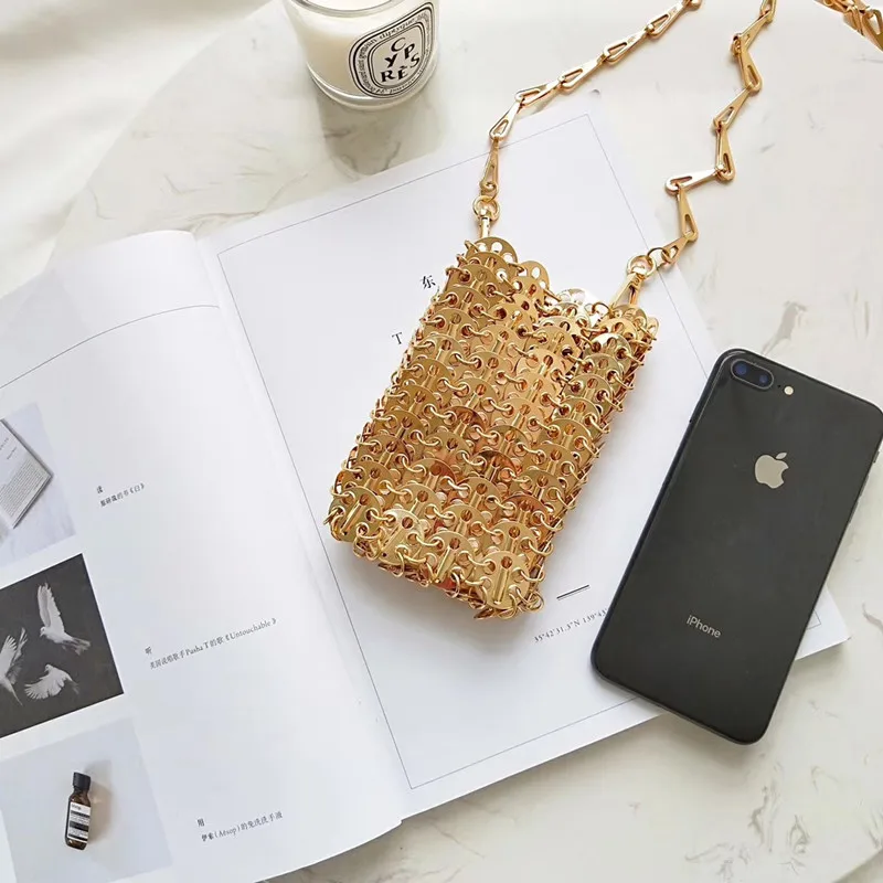 Luxury Designer Women Bags Pure Metal Sequins Chain Woven Bag Hollow Evening Bags Clutch Female Travel Holiday Shoulder Bag