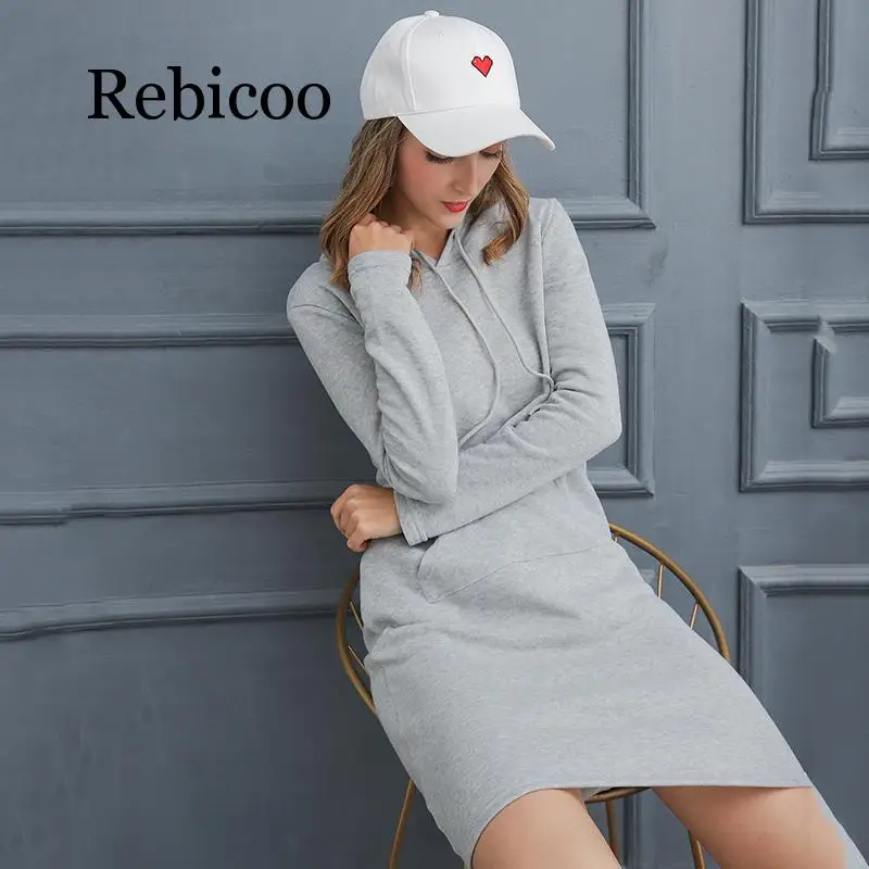

Autumn Winter Warm Sweatshirt Long-sleeved Dress 2019 Woman Clothing Hooded Collar Pocket Design Simple Woman Dress