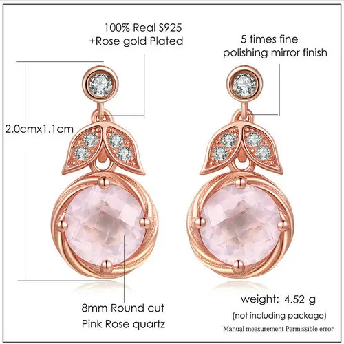 Ламон 8 мм натуральный розовый кварц 925 пробы серебряные ювелирные изделия Висячие серьги S925 LMEI008