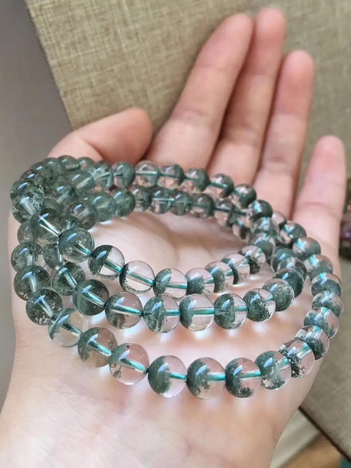

7.3mm Natural Green Phantom Quartz Bracelet Women and Men 3 Laps Round Bead Crystal Stretch Fashion Bracelet Fine Jewelry AAAAA