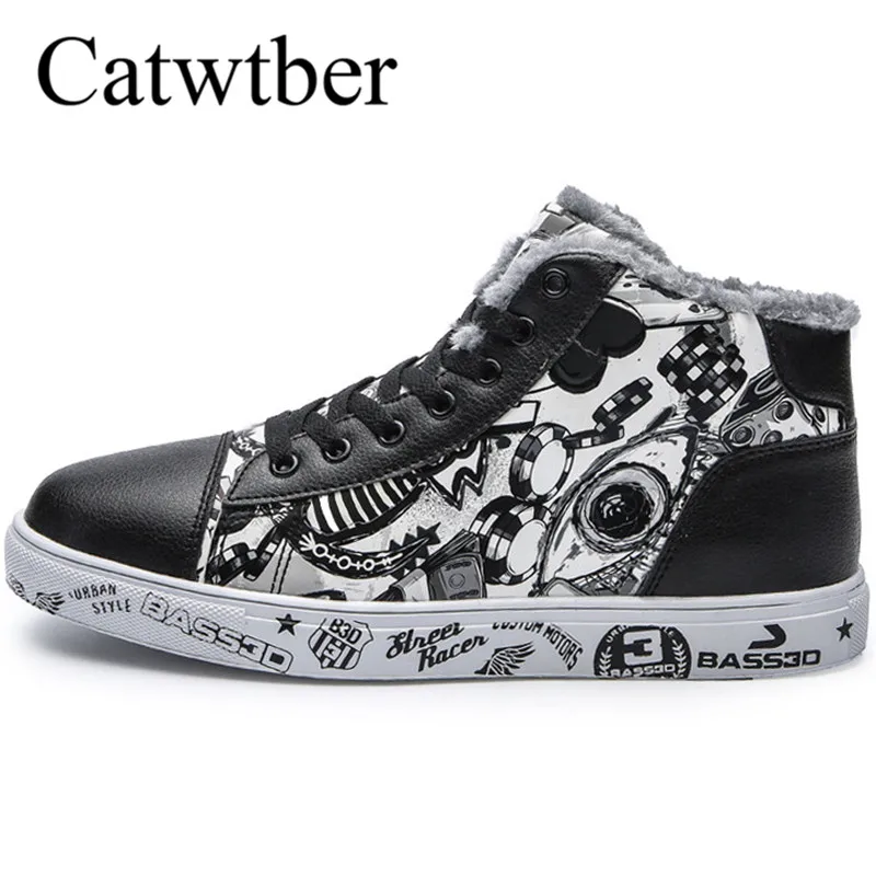 

Catwtber Men Winter Snow Shoes Casual Shoes High Top Non-Slip Leather Plush Fur Lining Warm Sneaker Walking Footwear 3D Graffiti