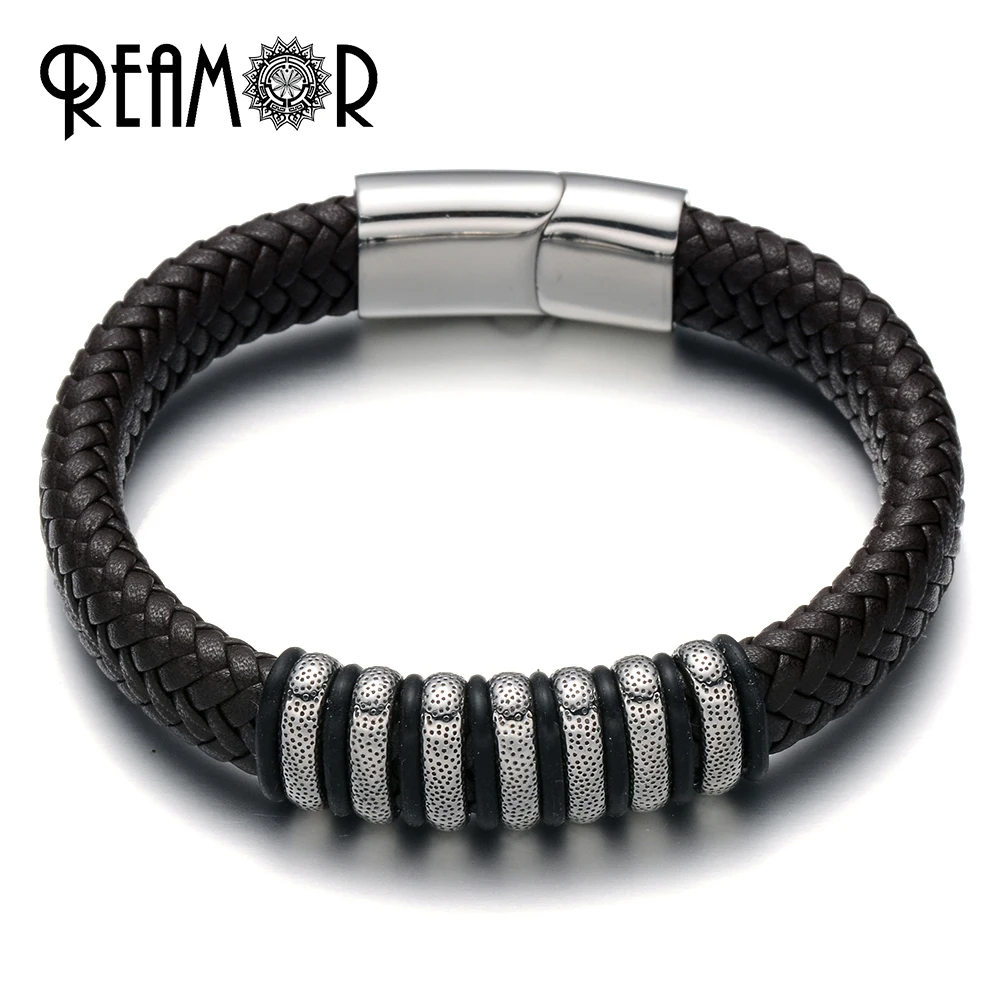 

REAMOR Lucky Seven Wide Weaved Leather Rope Male Bracelets 7 Parts 316L Stainless Steel Charms Bracelet & Bangle Fashion Jewelry