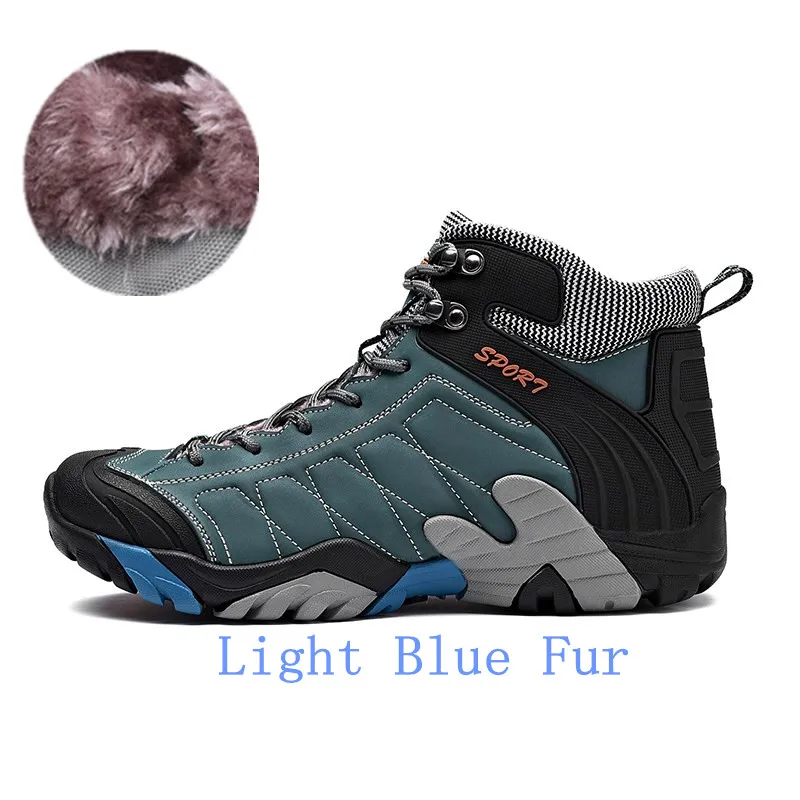 Мужские ботинки из натуральной кожи; плюшевые теплые зимние ботинки; Мужская зимняя обувь высокого качества; размеры 38-45 - Цвет: Light Blue Fur