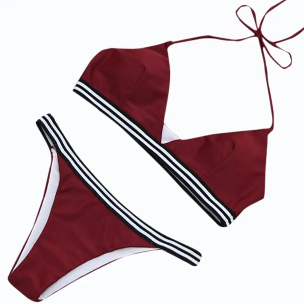 

Women Halter Neck Sleeveless Striped Contrast Color Bikini Fashion Set Beach Yes Wire Free Summer Bottom