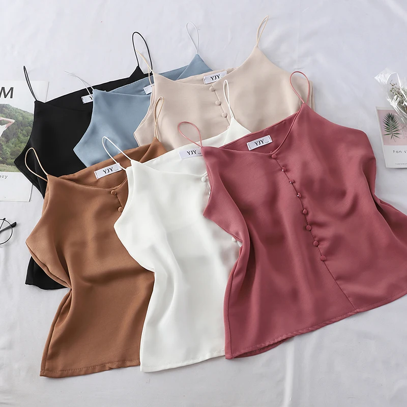 

Summer Solid Color V Neck Sleeveless Women Satin Camis Tops Night Sexy Imitated Silk Camis Slim Tops Haut Femme
