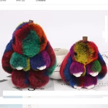 Зимний пушистый 14 см настоящий Радужный помпон из натурального кроличьего меха для украшения сумки меховой шарик-помпон для брелока цепочка милый кулон