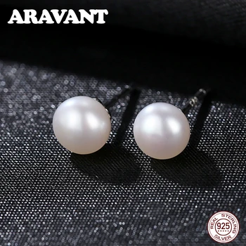 

Real Natural Freshwater Pearl Stud Earrings Women Silver 925 Simple Round Pearls Earring
