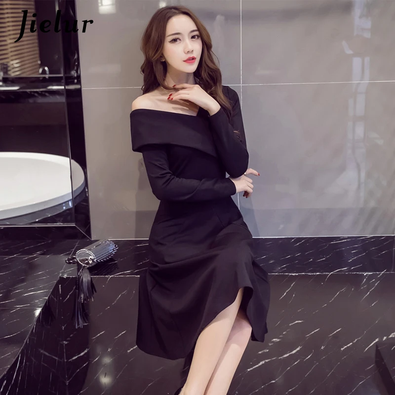 Jielur Color sólido vestidos de hombro S-XXL Rojo Negro otoño Vestido de manga larga rojo negro elegante Sexy Ropa Mujer dropship Jielur Color sólido vestidos de hombro S-XXL Rojo Negro otoño Vestido de manga larga rojo negro elegante Sexy Ropa Mujer dropship