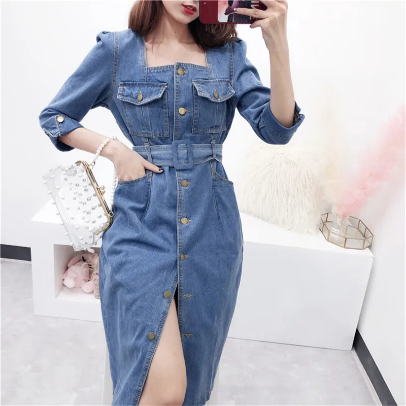 

Korean Women Streetwear Denim Dress Vintage Square Collar Jeans 3/4 Sleeves Tunic High Waist Dress Chic Casual Dress Vestido