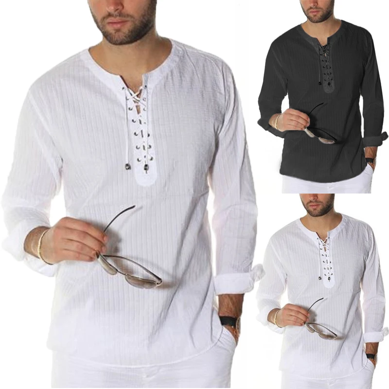 INCERUN, винтажные, S-3XL, белые рубашки, мужские, длинный рукав, шнуровка, туника, свободный крой, пляжные топы, мужские футболки размера плюс, повседневные футболки