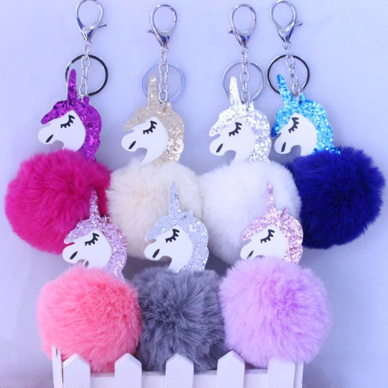 fur pom keychain diy pom Toy Cute Metal KeyChain 1Pcs Party Unicorn Unicorn Plush