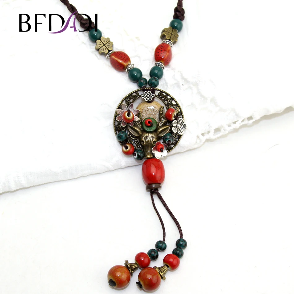 

Vintage Style Colorful Ceramic Stone Bead Pendant Necklace Long Sweater Chain Necklace Jewelry For Female