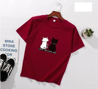 Wine red Женские футболки с принтом "Два кота", весна-лето, короткий рукав, круглый вырез, хлопок, спандекс, женские топы, футболки, облегающие Женские футболки - Цвет: Wine red