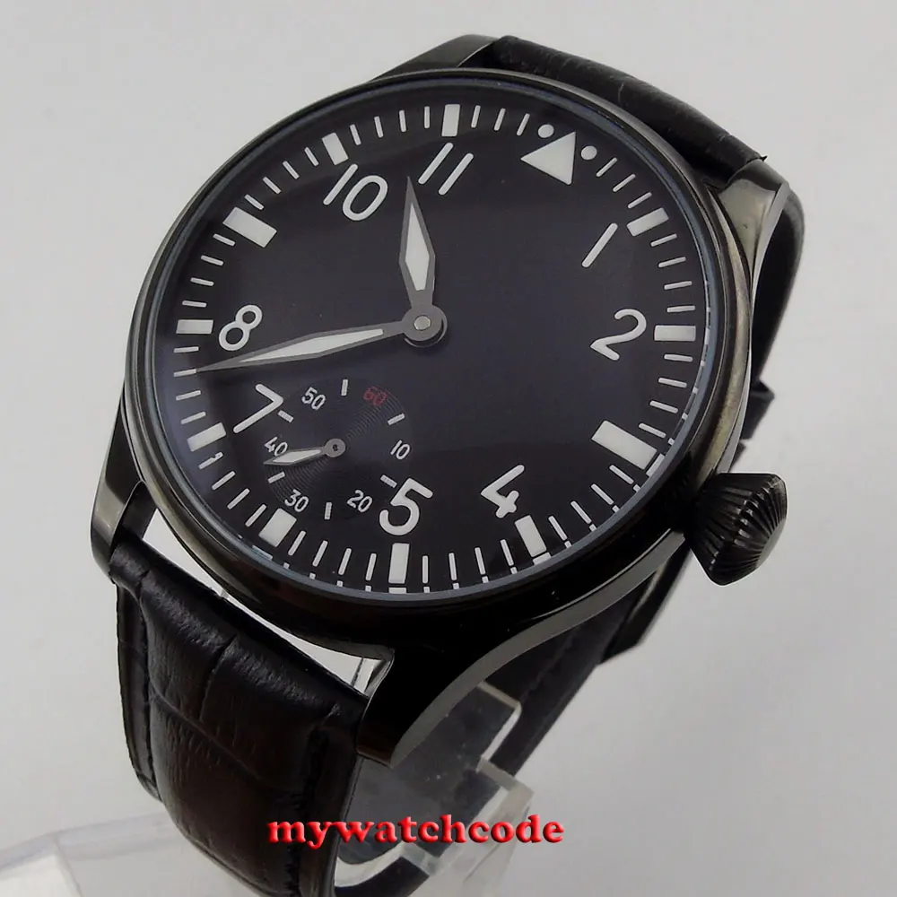 

44mm parnis black dial PVD case 6498 movement hand winding mens watch P147