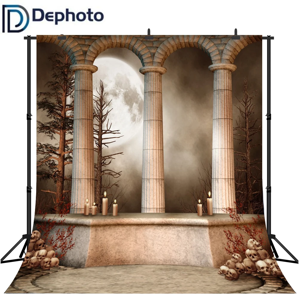 

Dephoto Halloween Vinyl Cloth Skull Castle Moon Night Photography Backdrops for Children Party Photo Studio Portrait Backgrounds