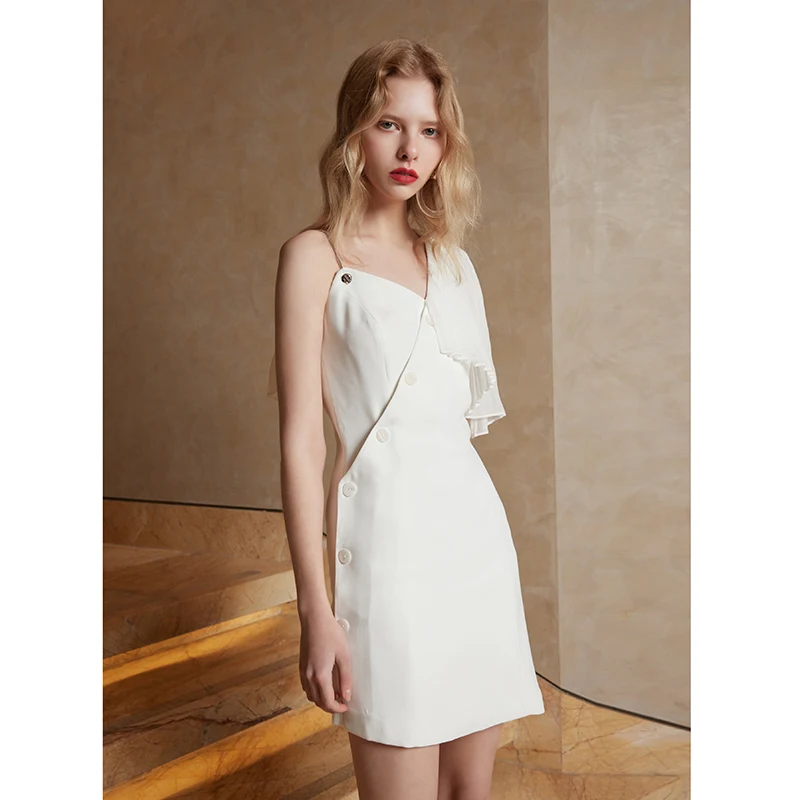 

2019 Spring and Summer Elegant Women Dress Temperament Chiffon High Street Sleeveless Dress Solid Ruffles Spaghetti Strap